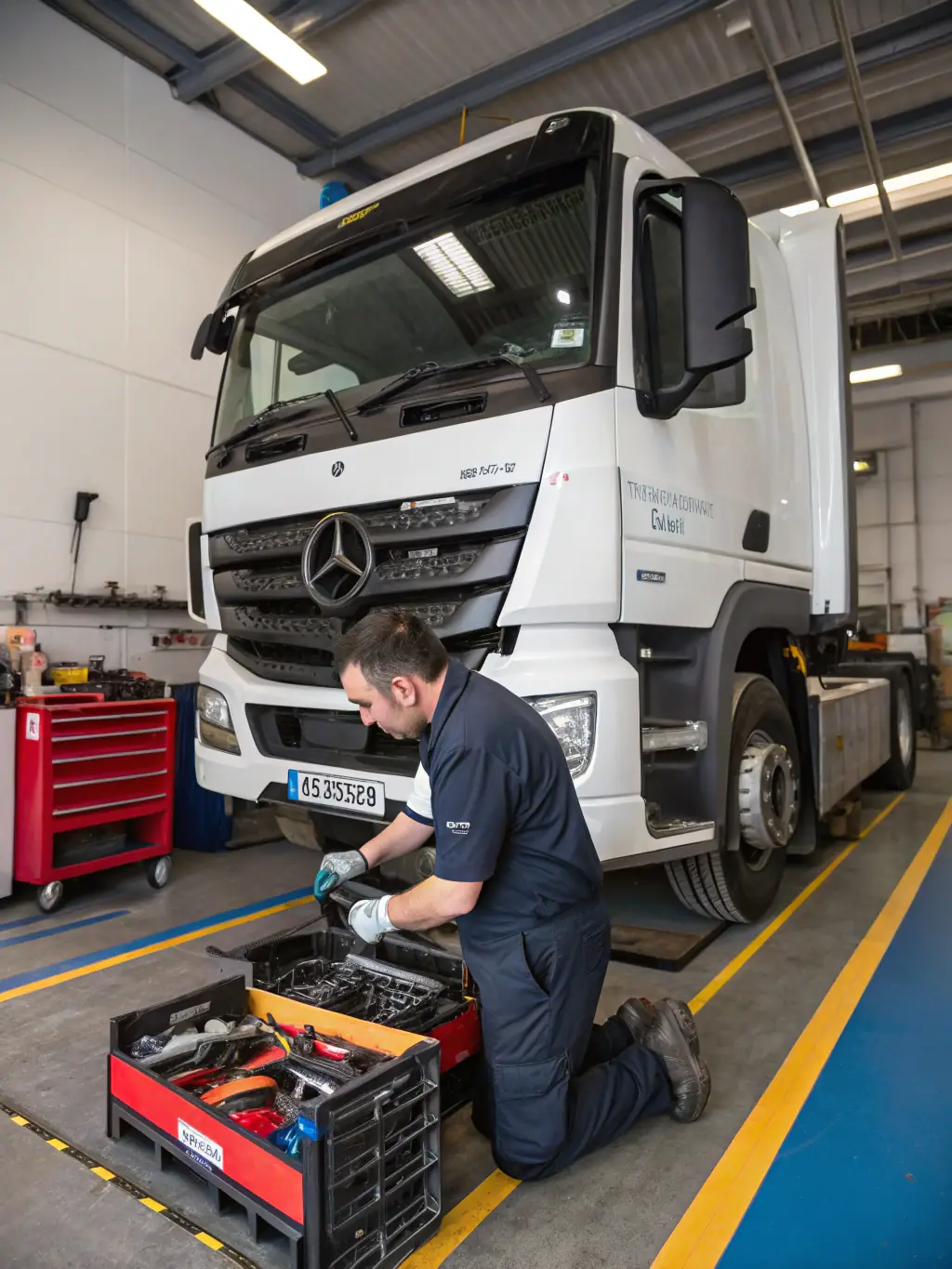 A mechanic performing routine maintenance on a commercial truck, checking fluid levels and belts in a clean, organized garage.