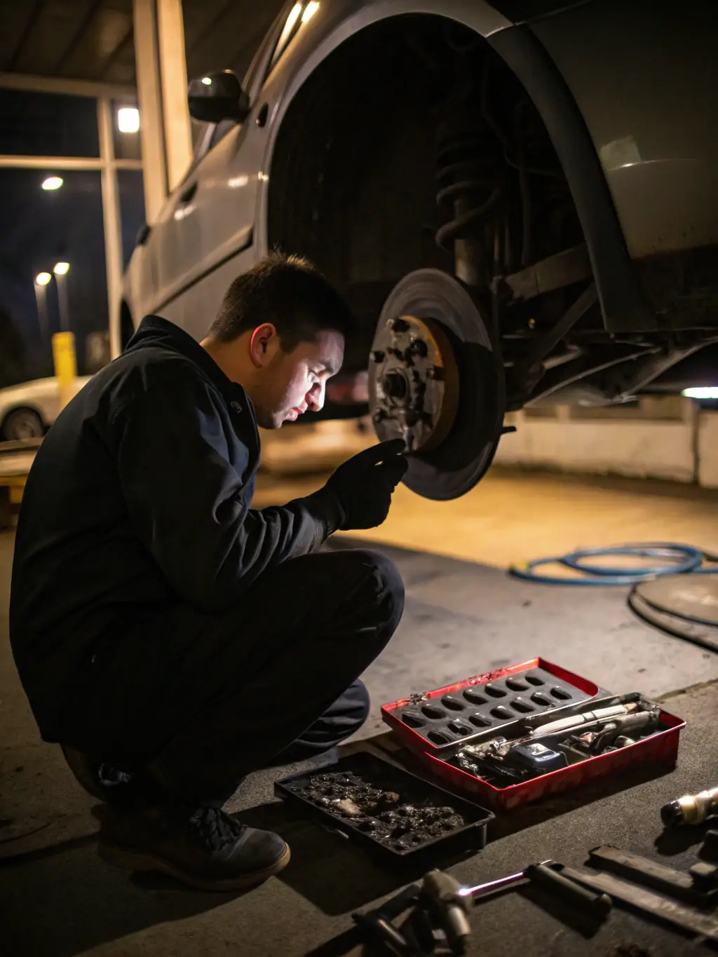 A mechanic performing brake repairs on a truck, ensuring optimal braking performance and safety.