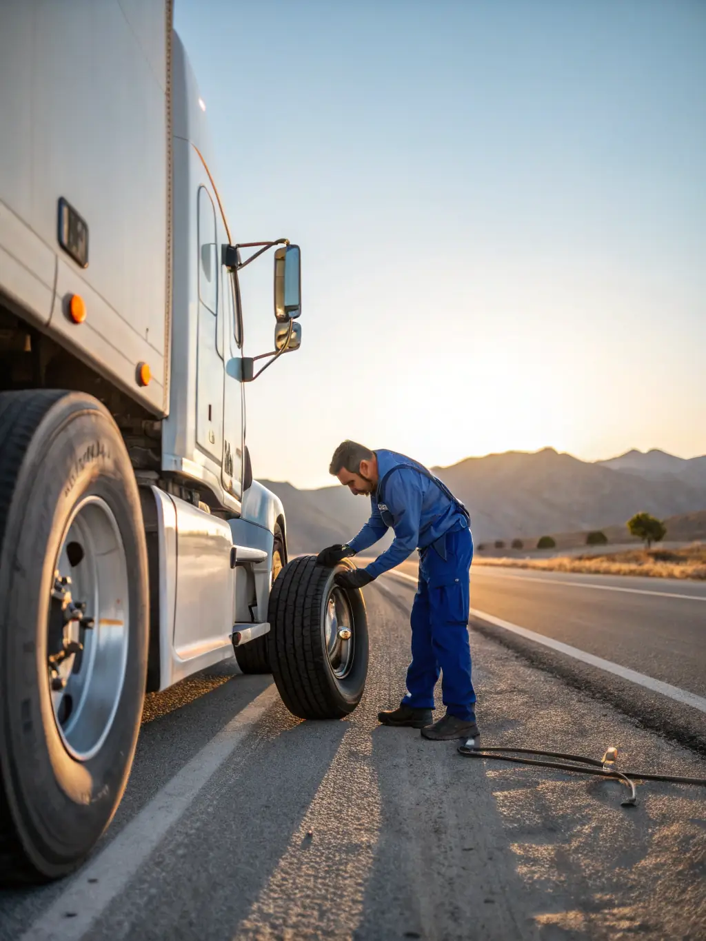 A mechanic replacing tires on a heavy-duty truck, ensuring proper alignment and safety.