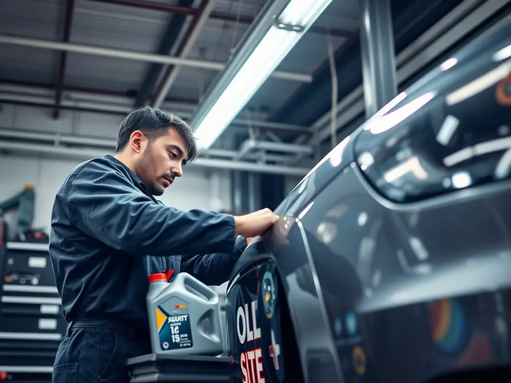 A mechanic performing a routine oil change on a large truck engine in a well-equipped service bay, showcasing attention to detail and cleanliness.