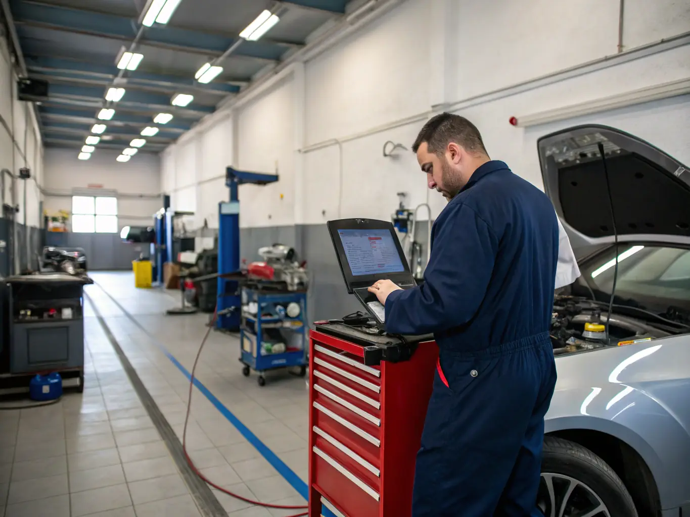 A mechanic diagnosing engine problems using diagnostic tools on a truck, highlighting the use of advanced technology.