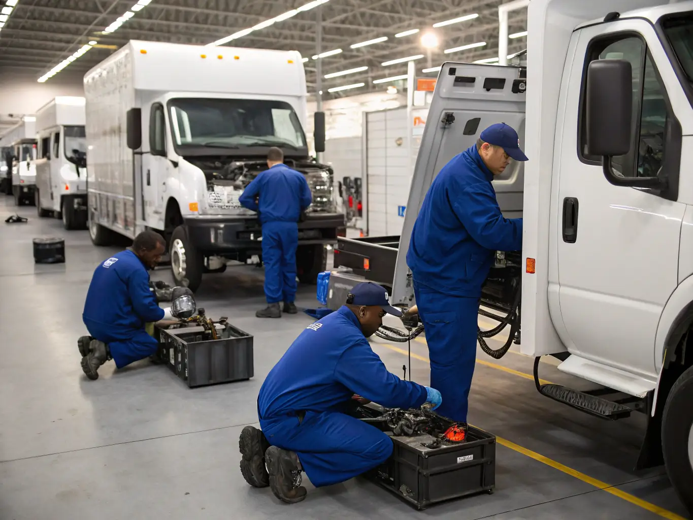 A truck being repaired in a service bay, with mechanics working efficiently to fix the vehicle.